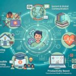 A detailed modern infographic titled "TECHNOLOGY AMPLIFYING HUMAN POTENTIAL" with seven sections on a blue background. The categories include: Instant & Global Communication, Unlimited Access to Information, Modern Health (Dramatic Healthcare Advancement), Productivity Boost (Transformed Work & Productivity), Accessible Learning (Democratized Education), Convenient Living (More Daily Convenience), and Exploded Entertainment & Creativity. Each section uses vibrant vector icons and light text to illustrate how digital tools connect and improve daily life.