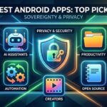 A sleek infographic collage highlighting key Android app categories like AI Assistants, Privacy, and Productivity within a modern smartphone frame.