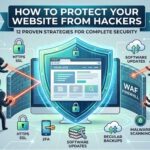 A stylized digital illustration showing hackers attempting to breach a website that is protected by a large digital shield and several security icons representing strategies like SSL, 2FA, and firewalls.