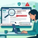 Illustration of a person analyzing a phishing email on a computer screen with warning flags like 'Suspicious Sender Address' and 'Generic Greeting.'