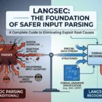 An infographic contrasting "Ad-hoc Parsing (Traditional)" which leads to vulnerabilities like buffer overflows and injection attacks, with a "LANGSEC Recognizer" using formal grammar specifications to ensure only valid data is processed securely.Understanding LANGSEC: The diagram contrasts traditional, ambiguous ad-hoc parsing—the source of numerous security vulnerabilities—with the LANGSEC approach, which uses formally defined recognizers to process inputs securely.