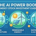 Vector graphic showing electric towers, solar panels, and a data center, illustrating the connection between energy infrastructure and AI computing with investment symbols.