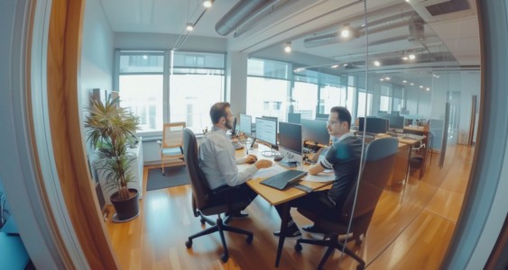 A team of accountants discuss financial reports in a modern office.