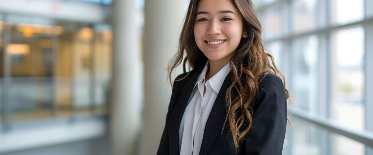 A confident student poses in professional attire in a modern office.