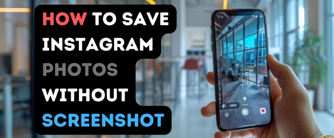 A person in a modern office saving an Instagram photo on their phone.