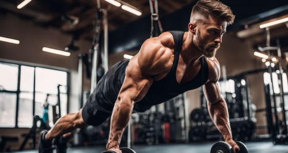 A muscular man doing resistance training in a well-equipped gym.
