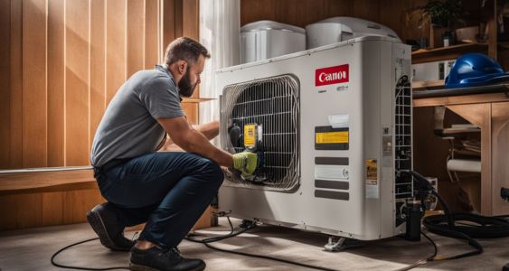 A technician performing maintenance on a heating and air conditioning unit.