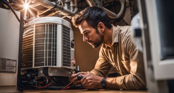 An HVAC technician performing maintenance on a home heating and cooling system.