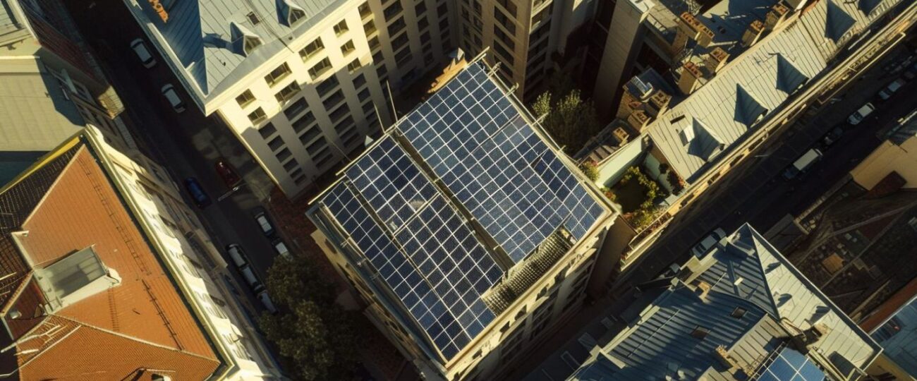 Futuristic solar panel installation in urban setting captured by drone.
