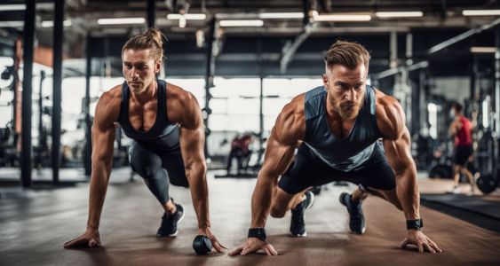 Two athletes performing strength training exercises in a modern gym.