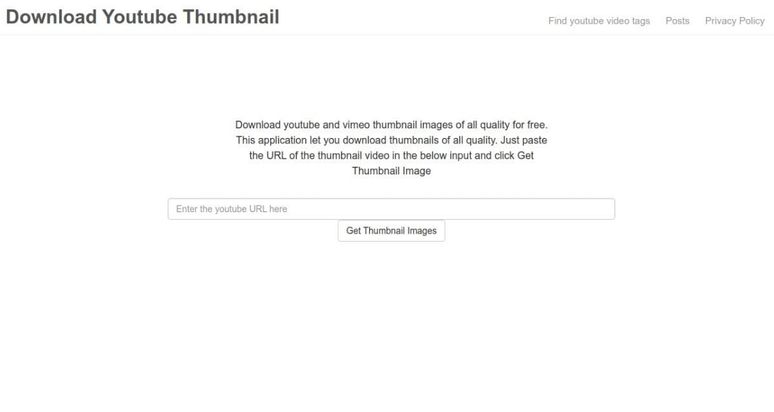 Homepage of YouTube Thumbnail Grabber featuring a simple input field for pasting video URLs to retrieve thumbnails.