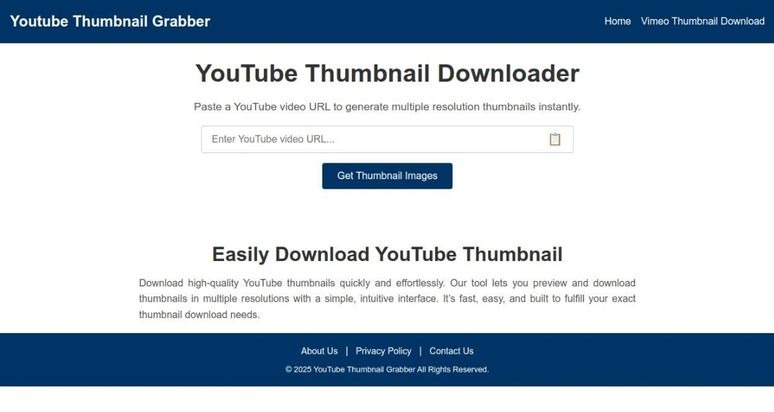 Screenshot of YouTube Thumbnail Grabber homepage showcasing a user-friendly interface with multiple thumbnail resolution options.
