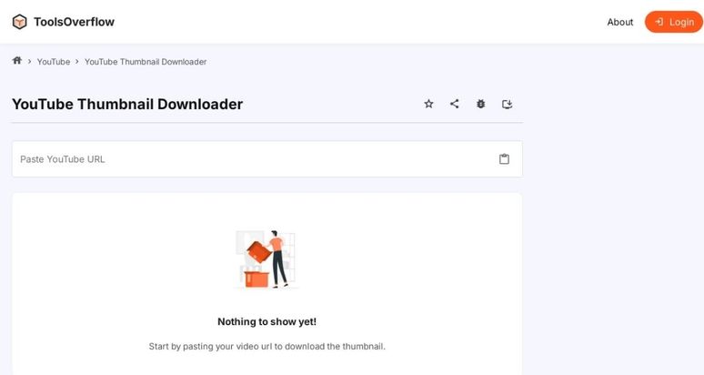 ToolsOverflow's YouTube Thumbnail Downloader interface presenting a modern design with options for various thumbnail qualities.