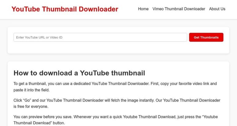 Website screenshot of YouTube Thumbnail Downloader Free & Simple showing a minimalistic design focused on quick thumbnail downloads.