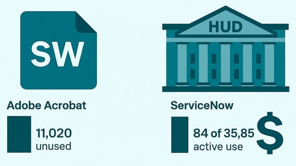 Initial findings highlighted a striking imbalance: 11,020 Adobe Acrobat licenses were entirely unused, while only 84 out of 35,855 ServiceNow licenses were in active use