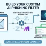 A flowchart illustrating a custom AI email security filter connecting incoming Gmail to a no-code automation workflow and an OpenAI analysis engine to flag suspicious phishing emails.