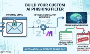 A flowchart illustrating a custom AI email security filter connecting incoming Gmail to a no-code automation workflow and an OpenAI analysis engine to flag suspicious phishing emails.