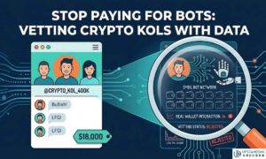 An infographic for a crypto marketing blog comparing a superficial social media profile with hidden on-chain realities, titled Stop Paying for Bots Vetting Crypto KOLs with Data.