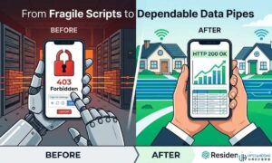 A split-panel infographic showing the difference between failing web scraping using datacenter proxies and successful scraping using residential proxies. On the left ("Before"), a robotic hand holds a phone displaying a "403 Forbidden" error and a CAPTCHA, set against a background of server racks and firewalls. On the right ("After"), a human hand holds a phone showing successful data graphs and "HTTP 200 OK" text, set against a background of residential houses with strong network signals.