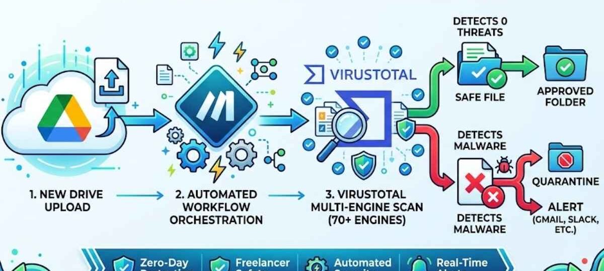 An infographic titled "NO-CODE CLOUD MALWARE SCANNING" illustrating an automated security stack workflow where files uploaded to Google Drive are processed by Make.com and scanned by the VirusTotal API.