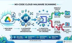 An infographic titled "NO-CODE CLOUD MALWARE SCANNING" illustrating an automated security stack workflow where files uploaded to Google Drive are processed by Make.com and scanned by the VirusTotal API.