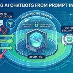 An illustrative diagram of AI chatbot security, showing layered defenses like Input Sanitization, a System Prompt Sandbox with zero-trust principles, and Output Evaluation, blocking red malicious prompts and allowing green valid queries to pass.