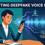 An illustration showing a businessman listening to a phone call where a deepfake voice clone of a CEO is being detected by a security system.