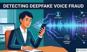 An illustration showing a businessman listening to a phone call where a deepfake voice clone of a CEO is being detected by a security system.