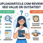 Infographic comparing the SEO benefits and limitations of UploadArticle.com.