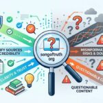 An infographic illustrating the critical analysis of the website 'songoftruth org,' with a magnifying glass in the center questioning the domain's credibility. Arrows point towards 'Verifiable Sources & Credibility' and 'Misinformation Risks & Doubt.'