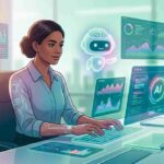 A professional woman collaborating with a holographic AI assistant at a futuristic desk, symbolizing augmented intelligence.