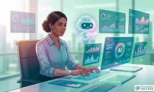 A professional woman collaborating with a holographic AI assistant at a futuristic desk, symbolizing augmented intelligence.