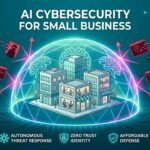 Digital illustration of a blue circuit background, where a small business city is protected by a glowing AI-powered shield dome, deflecting hacker icons and red viruses. Text at the top reads "AI CYBERSECURITY FOR SMALL BUSINESS" with icons at the bottom for "AUTONOMOUS THREAT RESPONSE," "ZERO TRUST IDENTITY," and "AFFORDABLE DEFENSE."