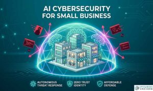 Digital illustration of a blue circuit background, where a small business city is protected by a glowing AI-powered shield dome, deflecting hacker icons and red viruses. Text at the top reads "AI CYBERSECURITY FOR SMALL BUSINESS" with icons at the bottom for "AUTONOMOUS THREAT RESPONSE," "ZERO TRUST IDENTITY," and "AFFORDABLE DEFENSE."