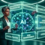 A professional leader guiding a structured AI governance framework, featuring digital control panels labeled with key elements like accountability, ethics, and risk management.