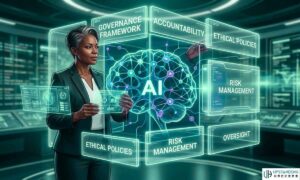 A professional leader guiding a structured AI governance framework, featuring digital control panels labeled with key elements like accountability, ethics, and risk management.