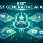 A futuristic infographic title image showing categories for text generation, image generation, audio synthesis, and video creation.