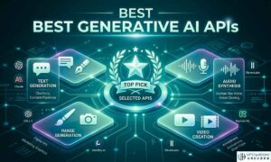 A futuristic infographic title image showing categories for text generation, image generation, audio synthesis, and video creation.