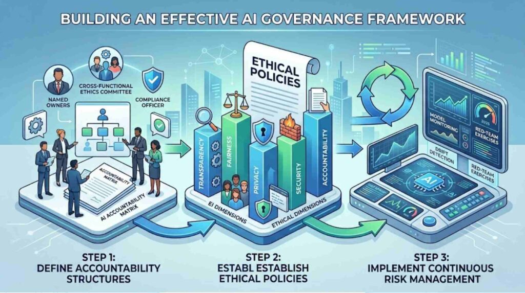 An infographic illustrating the three steps of an AI governance framework, featuring sections on accountability structures, ethical policies, and continuous risk management.