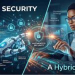 A futuristic illustration of a human cybersecurity analyst and a robotic hand with a neural network, symbolizing the partnership between AI and human expertise in defending networks from evolving cyber threats.