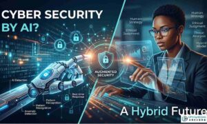 A futuristic illustration of a human cybersecurity analyst and a robotic hand with a neural network, symbolizing the partnership between AI and human expertise in defending networks from evolving cyber threats.
