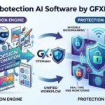 An illustration showing a dual-purpose AI workflow: a robot managing 'AI Design Automation' and 'Bulk Creation' on the left, transitioning to a series of shields and locks representing 'Digital Protection' and 'Misuse Detection' on the right.