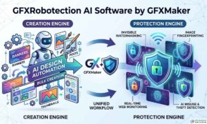 An illustration showing a dual-purpose AI workflow: a robot managing 'AI Design Automation' and 'Bulk Creation' on the left, transitioning to a series of shields and locks representing 'Digital Protection' and 'Misuse Detection' on the right.