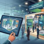 A designer holds a tablet showing a 3D floor plan layout that seamlessly connects to a vibrant, physical trade show booth filled with attendees.
