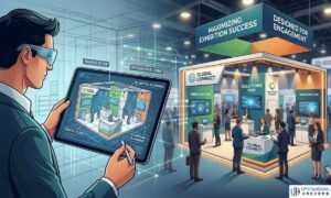 A designer holds a tablet showing a 3D floor plan layout that seamlessly connects to a vibrant, physical trade show booth filled with attendees.