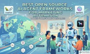 A blog feature image illustrating Open Source AI Agent Frameworks for Marketing Automation, showing a global network, data analysis, and rising ROI.
