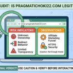 Digital audit illustration for pragmatichoki22.com, highlighting risk factors such as unknown ownership and high-trust concerns.