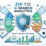 An informative infographic titled "ZipTie AI Search Analytics," illustrating how the platform analyzes and tracks visibility across Google AI Overviews, ChatGPT, and Perplexity, featuring data visualizations and an 'AI Success Score' section.