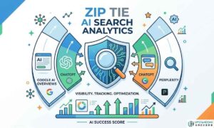 An informative infographic titled "ZipTie AI Search Analytics," illustrating how the platform analyzes and tracks visibility across Google AI Overviews, ChatGPT, and Perplexity, featuring data visualizations and an 'AI Success Score' section.