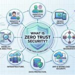 An infographic illustrating the core principles and seven pillars of Zero Trust Security in a circular flow.